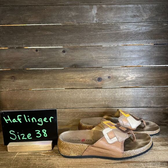 Haflinger Shoes - Womens Haflinger Brown Abstract Leather Thong Comfort‎ Sandals Slides 38 US 7 M